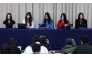 South Korean K-pop girl group NewJeans members (L-R) Haerin, Danielle, Minji, Hanni and Hyein attend a press conference in Seoul on November 28, 2024. Photo by YONHAP / AFP