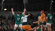 Ireland's prop Cian Healy (L) breaking Ireland's appearance record, celebrates on the final whistle in the International rugby union test match between Ireland and Australia at the Aviva Stadium in Dublin, on November 30, 2024. (Photo by Ben STANSALL / AFP)
