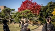 People take pictures in Kiyosumi Garden in Tokyo on December 3, 2024. (Photo by Philip Fong / AFP)