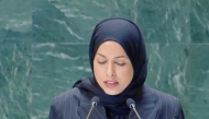 H E Sheikha Alya Ahmed bin Saif Al Thani speaking at the UN General Assembly. 