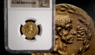 A rare Roman gold coin bearing the image of Brutus, the famed assassin of Julius Caesar, is diplayed at the Numismatica Genevensis (NGSA) auction house in Geneva on December 4, 2024.