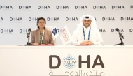 EAA Acting CEO, Mohamed Saad Al Kubaisi; and ADB Vice-President for Sectors and Themes, Fatima Yasmin during the signing ceremony at the Doha Forum 2024, yesterday.