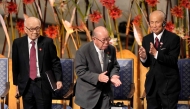 The representatives of the 2024 Nobel Peace Prize winner Japan's atomic bomb survivors' group Nihon Hidankyo, Terumi Tanaka, Shigemitsu Tanaka and Toshiyuki Mimaki applaud during the Nobel Peace Prize award ceremony at the Oslo City Hall in Oslo, Norway on December 10, 2024. Photo by Javad Parsa / NTB / AFP