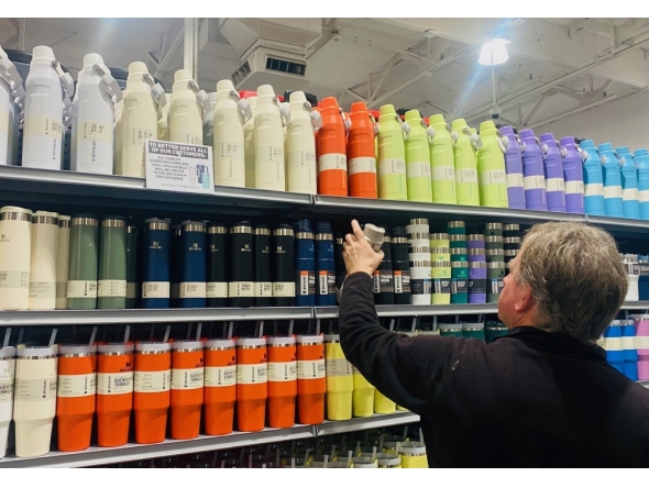 File: A man shops for Stanley cups and water drinking bottles from a fully-stocked supply at a sporting goods store in Pasadena, California, on January 24, 2024. (Photo by Frederic J Brown / AFP)

