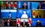 This handout picture taken in Rome and released on December 13, 2024 by Italy's Prime Minister press office (Palazzo Chigi Press Office), shows a screen displaying the G7 leaders meeting by video link. From top left : Canada's Prime Minister Justin Trudeau, Italy's Prime Minister Giorgia Meloni, Germany's Chancellor Olaf Scholz, France's France's Foreign Affairs Minister Jean-Noel Barrot, President of the European Commission Ursula von der Leyen, Japan's Prime Minister Shigeru Ishiba, US President Joe Biden, Britain's Prime Minister Keir Starmer and President of the European Council Antonio Costa. (Photo by Handout / Palazzo Chigi press office / AFP) 