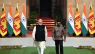 India's Prime Minister Narendra Modi (L) and Sri Lanka's President Anura Kumara Dissanayake walk before their meeting at the Hyderabad House in New Delhi on December 16, 2024. Photo by Sajjad HUSSAIN / AFP.