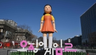 An inflatable Young-hee doll is displayed to promote Netflix's South Korean series 