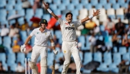 Pakistan's Mohammad Abbas (R) successfully appeals for the dismissal of South Africa's Tristan Stubbs (L) during the first day of the first cricket Test match between South Africa and Pakistan at SuperSport Park in Centurion on December 26, 2024. (Photo by PHILL MAGAKOE / AFP)
