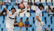 Pakistan's Mohammad Abbas (L) successfully appeals for the dismissal of South Africa's Tristan Stubbs (R) during the third day of the first cricket Test match between South Africa and Pakistan at SuperSport Park in Centurion on December 28, 2024. (Photo by PHILL MAGAKOE / AFP)
