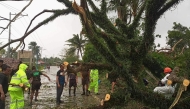 This handout photo taken on November 11, 2024 and received from the Casiguran Municipal Risk Reduction Management Office (MDRRMO) shows government workers removing a fallen tree on a highway in Casiguran, Aurora province, after Typhoon Toraji hit the nation's northeast coast. Photo by Handout / Casiguran Municipal Risk Reduction Management Office / AFP

