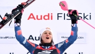 Winner Croatia's Zrinka Ljutic celebrates during the podium ceremony after the Women's Slalom as part of the FIS Alpine ski world Cup 2024-2025 in Kranjska Gora, Slovenia, on January 5, 2025. (Photo by Jure Makovec / AFP)