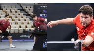 (left) Qatar’s Rawad Al Naser and Ahmed Korani in action during the men's doubles qualifying round. (right) Swedish top seed Kristian Karlsson advanced by defeating Romania’s Julian 
Chirita 3-1