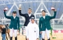 Al Shaqab Corporate Services Director Hamza Al Kuwari poses for a photo with the podium winners of the The World Cup qualifying CSI4*-W - Faults & Time - 1.45m (LR) class Mariano Martinez Bastida (top centre), Abdullah Alsharbatly (left) and Abdulrahman Alrajhi.