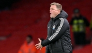 Newcastle United's English head coach Eddie Howe reacts during the English League Cup semi-final first leg football match between Arsenal and Newcastle United at the Emirates Stadium, in London on January 7, 2025. (Photo by Glyn KIRK / AFP) 