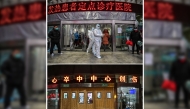 This combination photograph created on December 23, 2024 shows medical staff members, wearing protective clothing to help stop the spread of a deadly virus which began in the city, walking outside the Wuhan Red Cross Hospital in Wuhan, in China's central Hubei province on January 25, 2020 (top) and a view of the same location at the hospital entrance on December 21, 2024, ahead of the fifth anniversary of China confirming its first death from the Covid-19 coronavirus. Photo by Hector RETAMAL / AFP