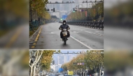 (Combo) This combination photograph created on December 23, 2024 shows a man wearing a protective face mask riding a motorcycle on a street in Wuhan, in China's central Hubei province on January 26, 2020 (top) and cars on the same street on December 21, 2024. (Photo by Hector Retamal / AFP) 