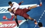 Qatar’s Moustafa Heiba prepares to shoot at the goal during the match against Kuwait.