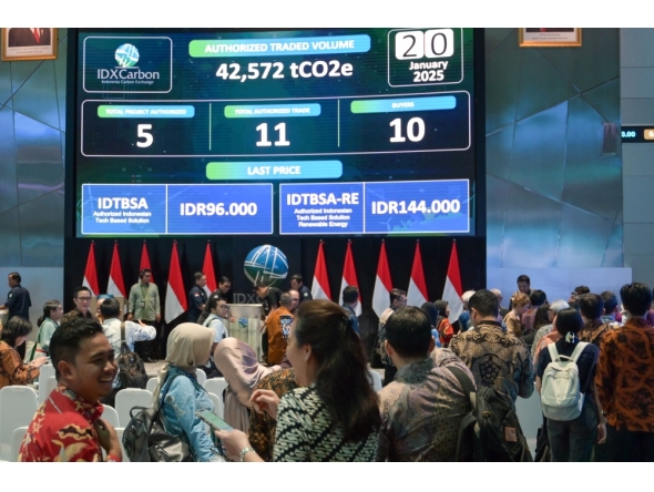 People watch carbon trading activity on a digital screen at the Indonesian stock exchange building in Jakarta on January 20, 2025. (Photo by Bay Ismoyo / AFP)