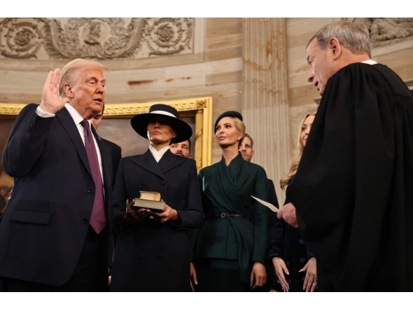 US President-elect Donald Trump takes the oath of office from US Supreme Court Chief Justice John Roberts during inauguration ceremonies in the Rotunda of the US Capitol on January 20, 2025 in Washington, DC. (Photo by Chip Somodevilla/Getty Images/AFP)