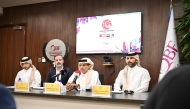 QBF Secretary-General Saadoun Sabah Al Kuwari (third right) speaks during a press conference yesterday. Founder and CEO of Step Ahead Company Fouad Gerges (second left) and QBF Board Member Mishaal Abdullah Al Malki are also present.