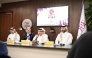 QBF Secretary-General Saadoun Sabah Al Kuwari (third right) speaks during a press conference yesterday. Founder and CEO of Step Ahead Company Fouad Gerges (second left) and QBF Board Member Mishaal Abdullah Al Malki are also present.