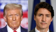 (FILES) (COMBO) This combination of pictures created on November 29, 2024 shows former US President and Republican presidential candidate Donald Trump (L) looking on during a campaign rally at PPG Paints Arena in Pittsburgh, Pennsylvania on November 4, 2024 and Canadian Prime Minister Justin Trudeau looking on during a press conference with French President Emmanuel Macron in Montreal, Canada, on September 26, 2024. (Photo by CHARLY TRIBALLEAU and Ludovic MARIN / AFP)