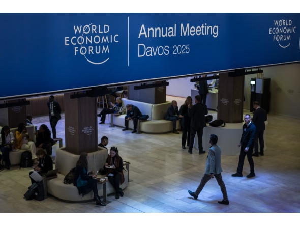 The photo shows signs of the World Economic Forum (WEF) at the Congress center, during the WEF annual meeting in Davos. (AFP)