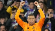 Real Madrid's French forward #09 Kylian Mbappe celebrates his team's second goal during the Spanish league football match between Real Valladolid FC and Real Madrid CF at the Jose Zorrilla stadium in Valladolid on January 25, 2025. (Photo by Cesar Manso / AFP)