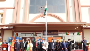 Officials and guests celebrating Republic Day of India at DPS Monarch International School.