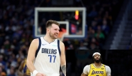 In this combination photo, Luka Doncic #77 of the Dallas Mavericks reacts during their game against the Golden State Warriors at Chase Center on December 15, 2024 in San Francisco, California, while Anthony Davis #3 of the Los Angeles Lakers runs the court during the first half of the game against the Charlotte Hornets at Spectrum Center on January 27, 2025 in Charlotte, North Carolina.