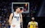 In this combination photo, Luka Doncic #77 of the Dallas Mavericks reacts during their game against the Golden State Warriors at Chase Center on December 15, 2024 in San Francisco, California, while Anthony Davis #3 of the Los Angeles Lakers runs the court during the first half of the game against the Charlotte Hornets at Spectrum Center on January 27, 2025 in Charlotte, North Carolina.