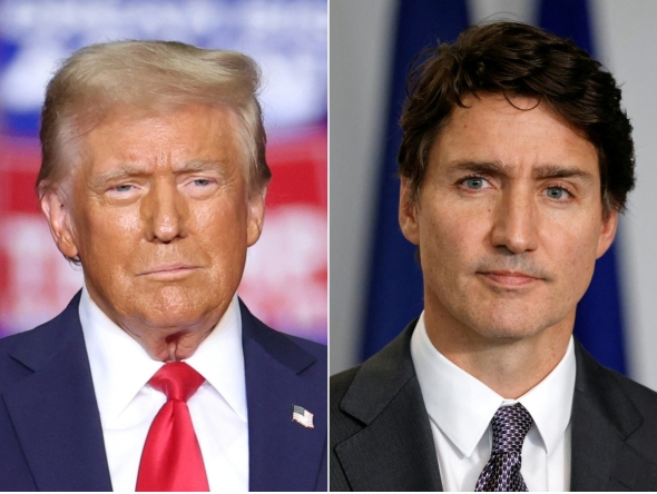 File: This combination of pictures created on November 29, 2024 shows former US President and Republican presidential candidate Donald Trump during a campaign rally at PPG Paints Arena in Pittsburgh, Pennsylvania on November 4, 2024 and Canadian Prime Minister Justin Trudeau during a press conference with French President Emmanuel Macron in Montreal, Canada, on September 26, 2024. (Photo by Charly Triballeau and Ludovic Marin / AFP)

