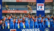 India’s players celebrate after their T20 series win over England.