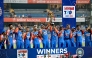 India’s players celebrate after their T20 series win over England.