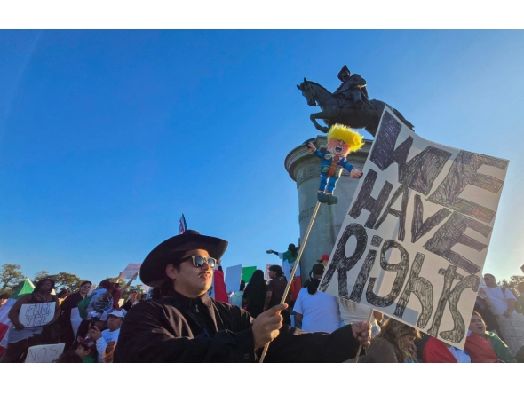 People gather in support of immigrants in Houston, Texas, on February 2, 2025. (Photo by Moisés ءVILA / AFP)
