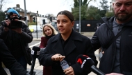 Chelsea's Australian striker Sam Kerr reacts as she arrives at Kingston Crown Court in south London on February 3, 2025, for the start of her trial. (Photo by HENRY NICHOLLS / AFP)
