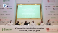 Abdulla Al Abdulla, (fourth left)  Executive Director of EAA’s Reach Out to All Programme; and Thuraya Ismail, (third left) CEO of Mentor Arabia with other officials during the press conference. Pic by Ahmed Barakat / The Peninsula
