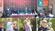 Top picture from left: Last year's Hassan II Golf Trophy winner Ricardo Gonzalez, PGA Tour Champions President Miller Brady, Royal Moroccan Golf Federation (RMGF) Second Vice President Hassan El Mansouri, RMGF First Vice President Maitre Zine, President of the Competition Organization Commission Jalil Benazzouz, former Lalla Meryem Cup winner Diane Barnard and defending champion Bronte Law during a press conference yesterday. Pic: Fawad Hussain /The Peninsula. Inset from left: Last year's Hassan II Golf Trophy winner Ricardo Gonzalez, Colin Montgomerie and Ernie Els  