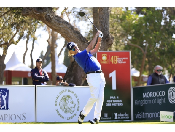 Spain’s Miguel Angel Jimenez tees off during the second round of the Trophy Hassan II 2025 at Royal Golf Dar Es Salam in Rabat, Morocco.