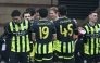 Manchester City's Belgian midfielder #17 Kevin De Bruyne (C) celebrates with teammates after scoring their second goal during the English FA Cup fourth round football match between Leyton Orient and Manchester City at Gaughan Group Stadium, Brisbane Road in east London on February 8, 2025. (Photo by JUSTIN TALLIS / AFP) 