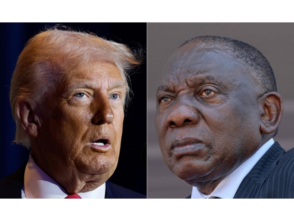 (COMBO) This combination of file pictures created on February 7, 2025 shows US President Donald Trump (L) speaking in Washington, DC, on February 6, 2025, and South African President Cyril Ramaphosa attending Mozambique President-elect Daniel Chapo's inauguration in Maputo on January 15, 2025. (Photo by Ting Shen and ALFREDO ZUNIGA / AFP)
