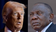 (COMBO) This combination of file pictures created on February 7, 2025 shows US President Donald Trump (L) speaking in Washington, DC, on February 6, 2025, and South African President Cyril Ramaphosa attending Mozambique President-elect Daniel Chapo's inauguration in Maputo on January 15, 2025. (Photo by Ting Shen and ALFREDO ZUNIGA / AFP)
