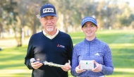 Hassan II Golf Trophy winner Miguel Angel Jimenez of Spain and Lalla Meryem Cup champion Cara Gainer of England pose with their trophies.