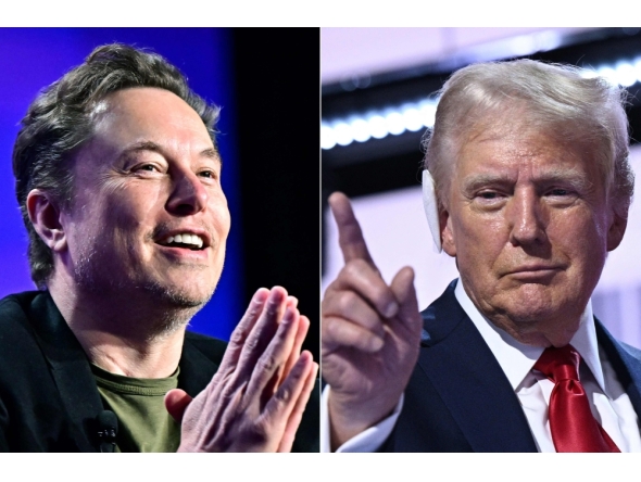 This combination of pictures created on August 12, 2024 shows Tesla CEO Elon Musk speaking at the 27th annual Milken Institute Global Conference at the Beverly Hilton in Los Angeles on May 6, 2024 and former US President and 2024 Republican presidential candidate Donald Trump standing onstage during the last day of the 2024 Republican National Convention at the Fiserv Forum in Milwaukee, Wisconsin, on July 18, 2024. (Photo by Frederic J Brown and Brendan Smialowski / AFP)