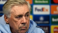 Real Madrid's Italian coach Carlo Ancelotti looks on during a press conference at the Etihad Stadium in Manchester, north-west England on February 10, 2025, on the eve of their UEFA Champions League football match against Manchester City. (Photo by Paul ELLIS / AFP)
