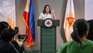 Philippine Vice President Sara Duterte gives a statement on impeachment complaints filed against her at her office in Mandaluyong, Metro Manila on February 7, 2025. (Photo by JAM STA ROSA / AFP)
