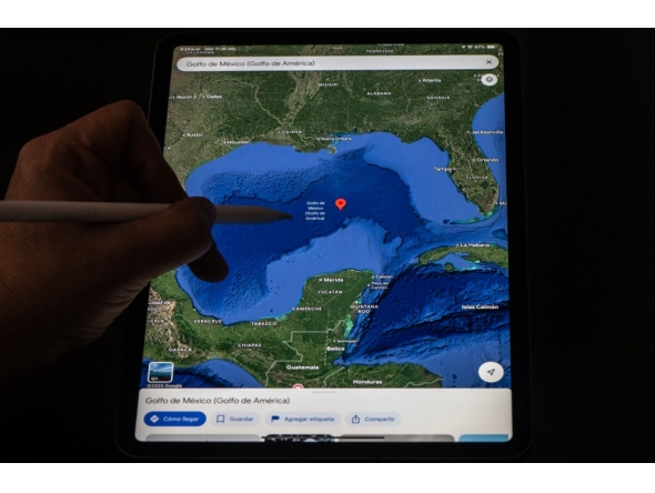 This photo illustration shows the Gulf of Mexico branded as Gulf of America displayed on the Google Maps application on a tablet on February 11, 2025, in Bogota, Colombia. (Photo by Luis Acosta / AFP)
 