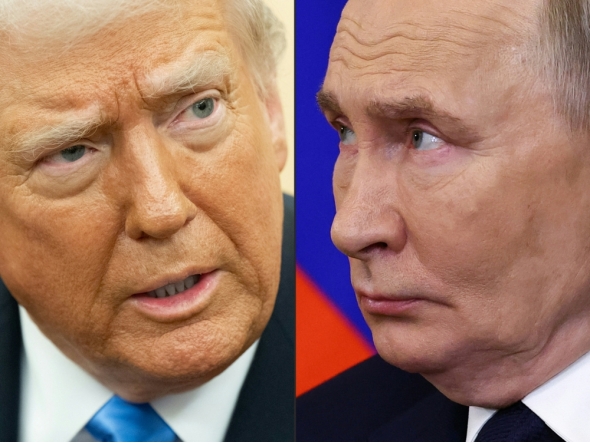 This combination of pictures created on February 12, 2025 shows US President Donald Trump in Washington, DC, on February 11, 2025 and Russian President Vladimir Putin in Moscow on January 17, 2025. (Photo by Saul Loeb and Evgenia Novozhenina / AFP)
