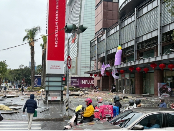 This picture taken and released by Taiwan’s Central News Agency (CNA) on February 13, 2025 shows the scene after an explosion at a department store in Taichung.  (Photo by CNA / AFP) 