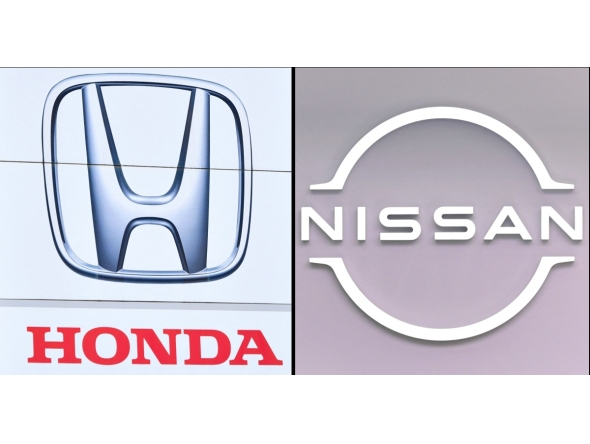 This combination of pictures created on February 13, 2025 shows the logo of Honda Motor (L) taken on February 6, 2025 at the company's showroom in Tokyo and the logo of Nissan Motor (R) being displayed at the company's showroom in Tokyo on February 13, 2025. Photo by Kazuhiro NOGI / AFP